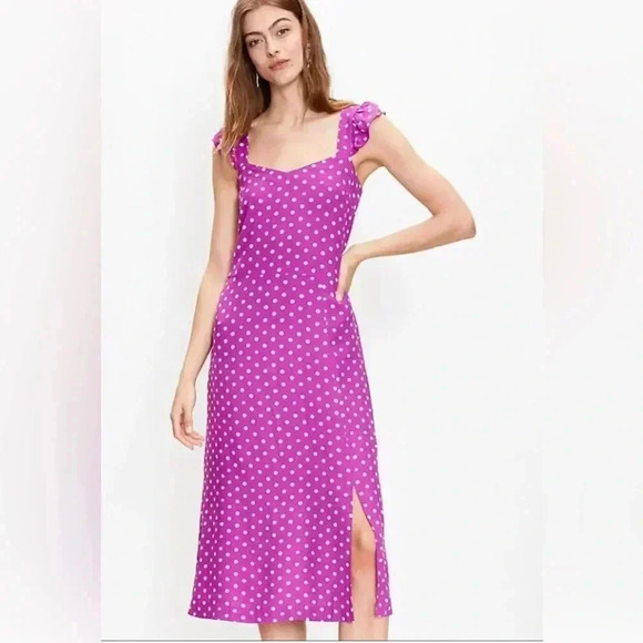 Loft Magenta dot ruffle sleeve slit dress 4 - Picture 1 of 5